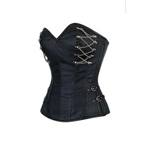 Black Faux Leather Gothic Corset Top Womens Sm Steampunk Chain Lace Up Bustier